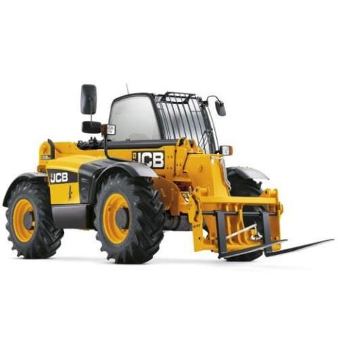 Gele JCB verreiker met vorkhef voorop.JCB 535-95